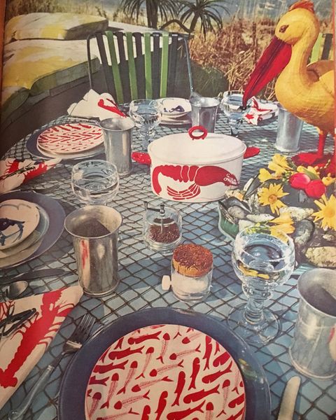 a nautical inspired table setting from the "stay at home celebrations" article in the june 1975 issue of house beautiful