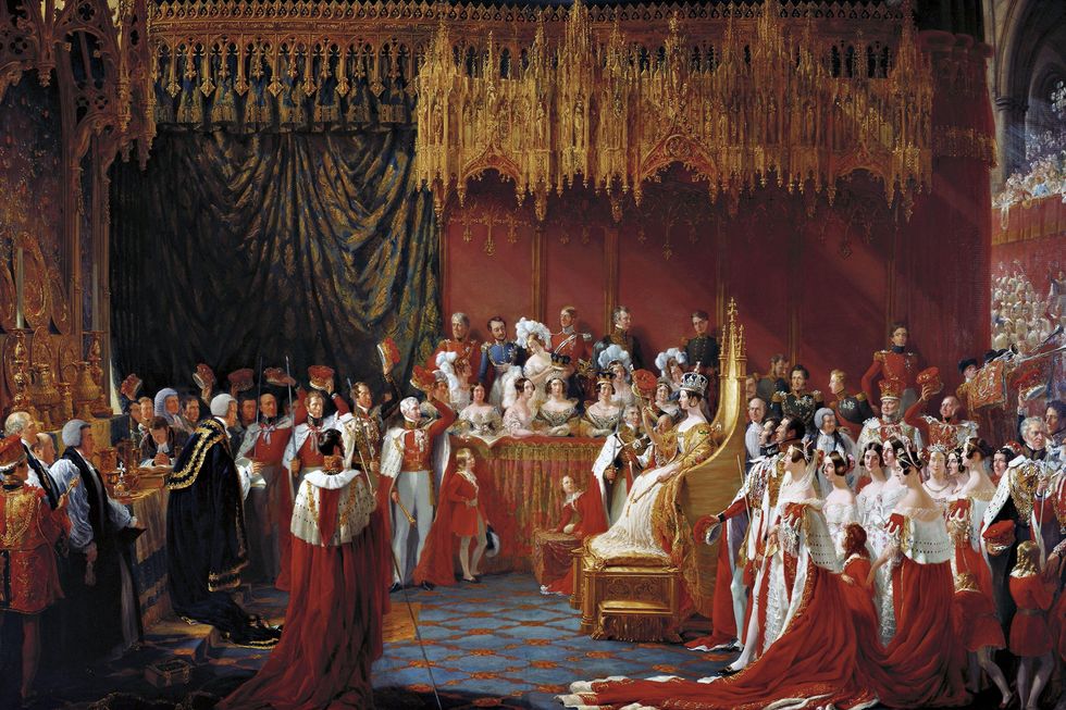 2bpb1w5 painting of the coronation of queen victoria of england the coronation of queen victoria in westminster abbey, 28 june 1838 by sir george hayter, oil on canvas, 1839