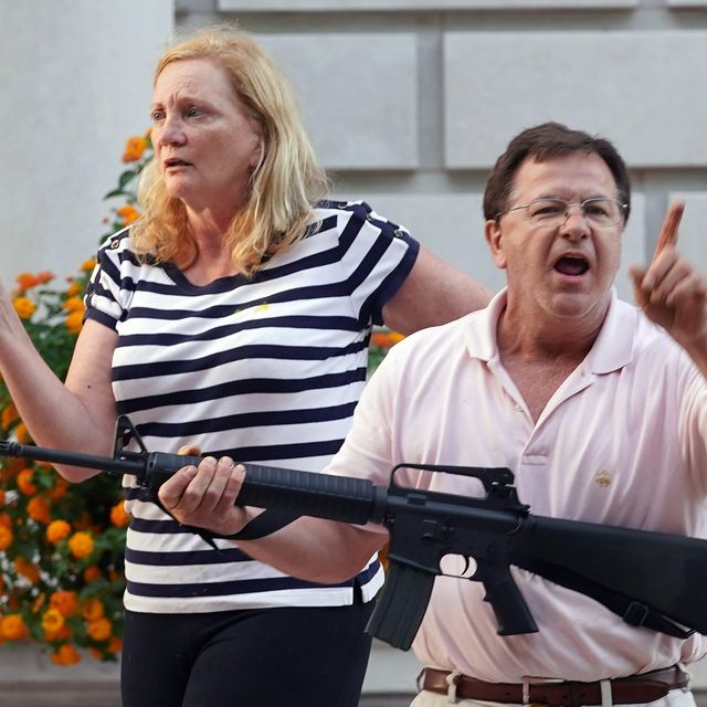 patricia mccloskey and husband mark, shown aiming their guns at black lives matter protesters in st louis in june 2020