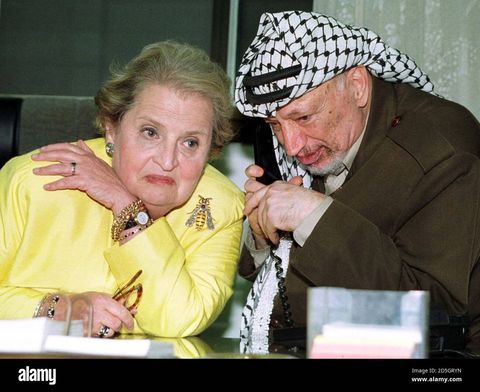 2d5gryn us secretary of state madeleine albright listens while palestinian leader yasser arafat talks to president clinton on the phone, during their meeting at arafat's office in gaza september 3 israel said on friday it would begin implementing its new peace deal with the palestinians within 10 days, with the transfer of seven percent of the west bank to self rule and the release of 200 palestinian prisoners