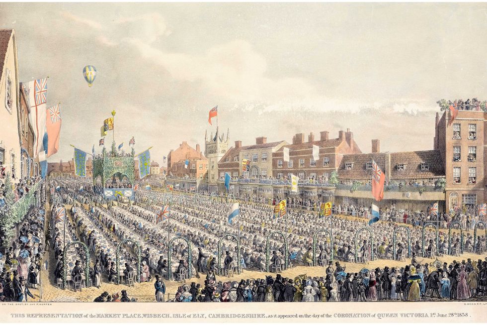 2dc2h9w large street party for 5000 people in the market place, wisbech, isle of ely, cambridgeshire, england on the 28th june 1838 to celebrate the coronation of queen victoria, print by george johann scharf after jp hunter, 1838