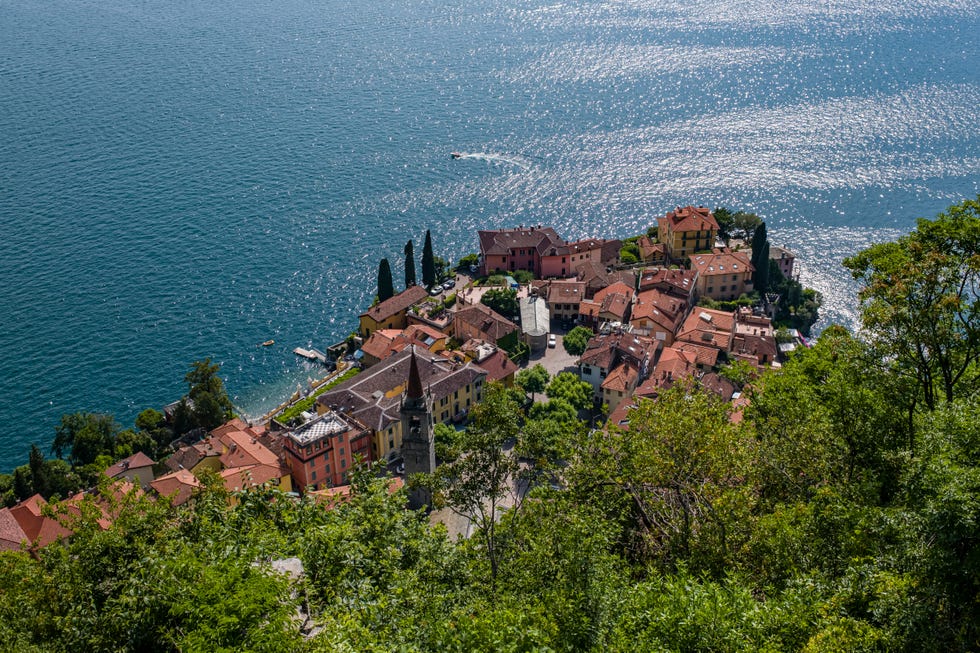 Aerial view from Castle di Vezio on the town and Lake Como...