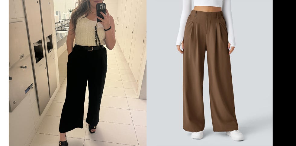 Side by side comparison of two outfits with wide pants