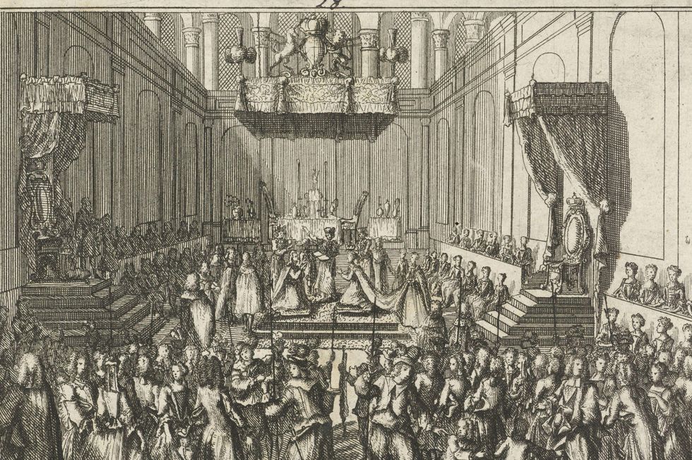 2jc9d04 coronation of george ii, king of england, and his wife in westminster abbey, london, 11 or 22 october 1727 with captions in dutch and french fragment of a large plate with nine representations of events from the year 1727, coronation of george ii, king of england on the 22nd of october 1727, the king and queen of england were crowned in london with unforgettable pomp and without any disorder to the joy of the common people and the great , print maker leonard schenk, adolf van der laan, publisher pieter schenk ii, mentioned on object, amsterdam, 1727 1729, paper, etching, h 157 mm × w