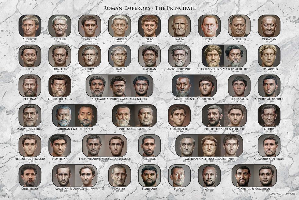 54 roman emperors in a print that looks photorealistic