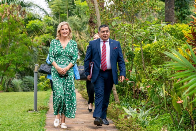 2k4m769 the countess of wessex arrives with lord ahmad ahead of a meeting in bukavu, south kivu province, with representatives from trial international a non governmental organization which is dedicated to fighting impunity for international crimes in conflict, as well as providing legal support to survivors of conflict related violence and human rights violations as they seek justice, as she visits the democratic republic of congo picture date monday october 3, 2022