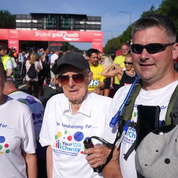 102 year old bill cooksey poses for a photo prior to the aj bell great north run 2023 through newcastle upon tyne