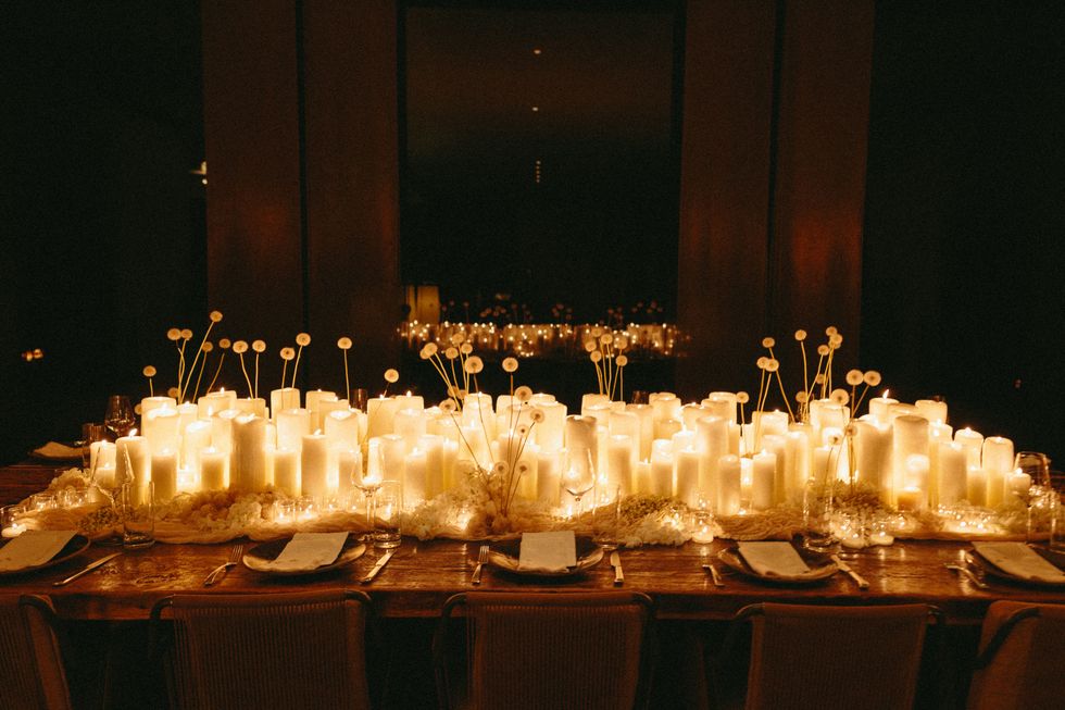 a table with plates and candles on it
