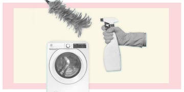 a hoover washing machine set against a pink and yellow background
