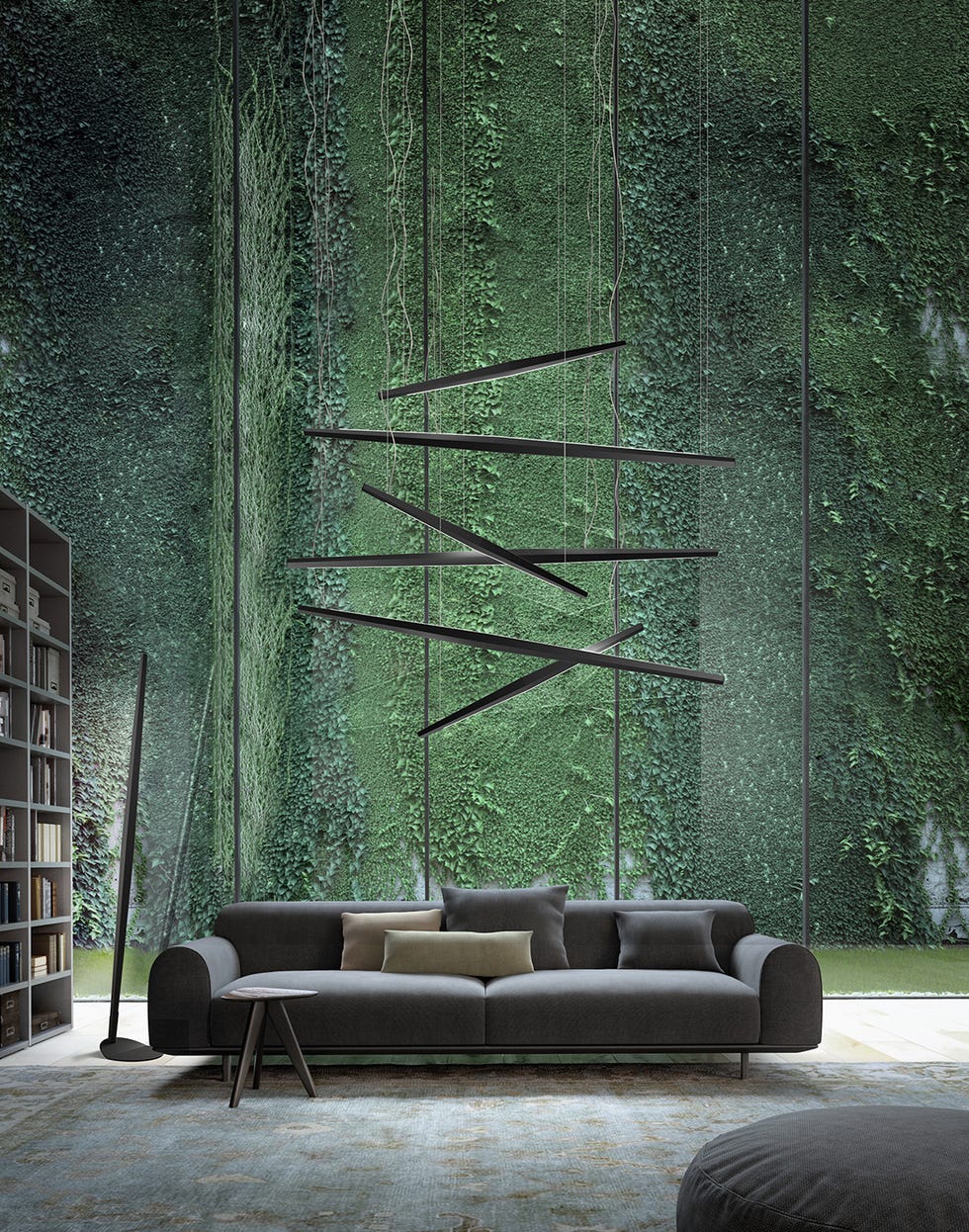 Green, Wall, Furniture, Couch, Wallpaper, Room, Tree, Living room, Floor, Interior design, 