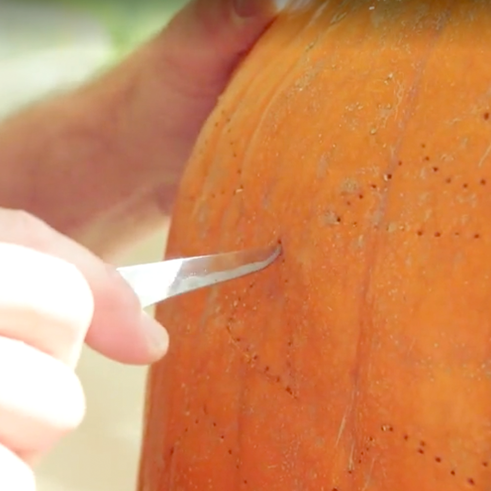 pumpkin carving, hand holding a knife while carving a pumpkin