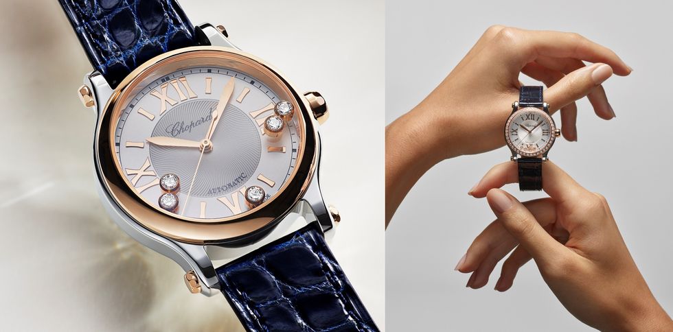 蕭邦 happy sport腕錶，全新33 mm錶徑　扭索紋飾點綴5顆滑動鑽石
