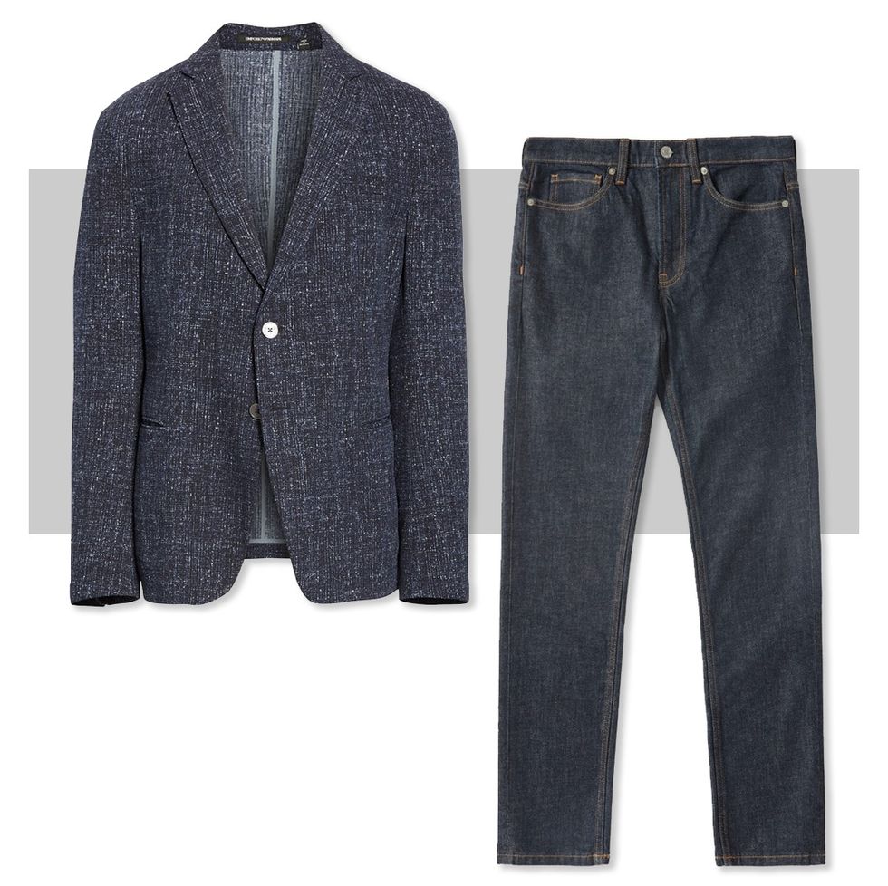 Navy Sport Coat with Denim Shirt and Black Jeans