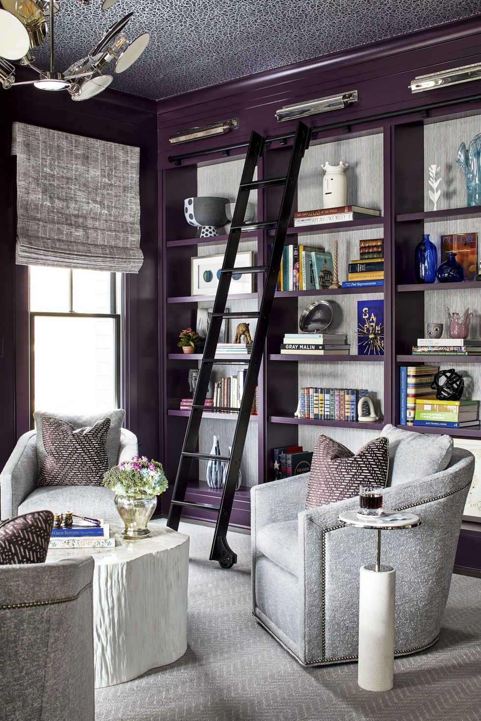 living room area with a bookshelf and a rolling ladder