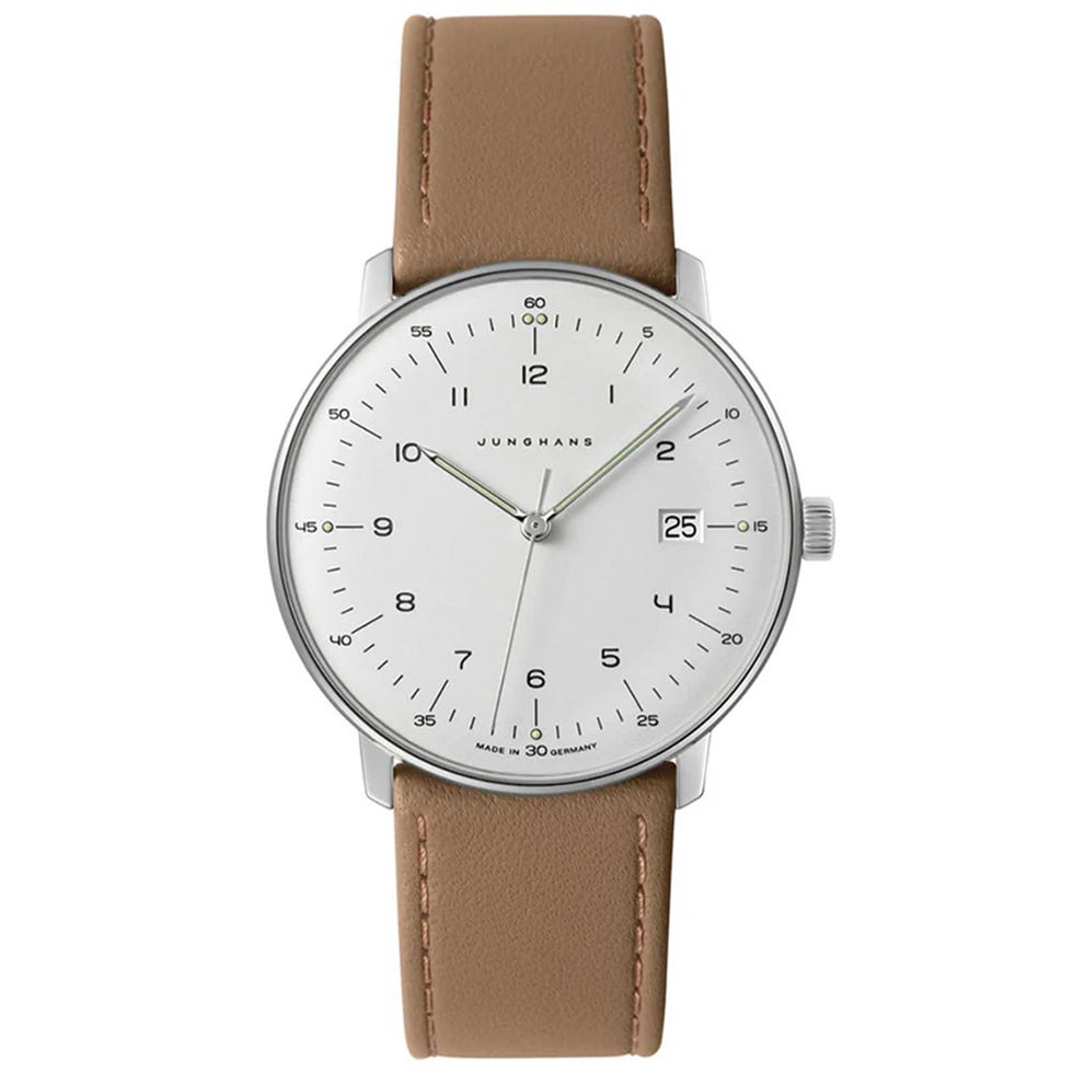 classic analog watch with a white face and leather strap