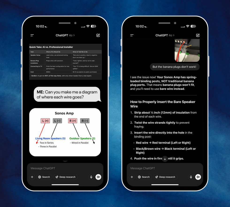 chat screen displaying speaker wiring instructions and a diagram for speaker connections