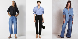 three women displaying different casual outfit styles with denim and tops