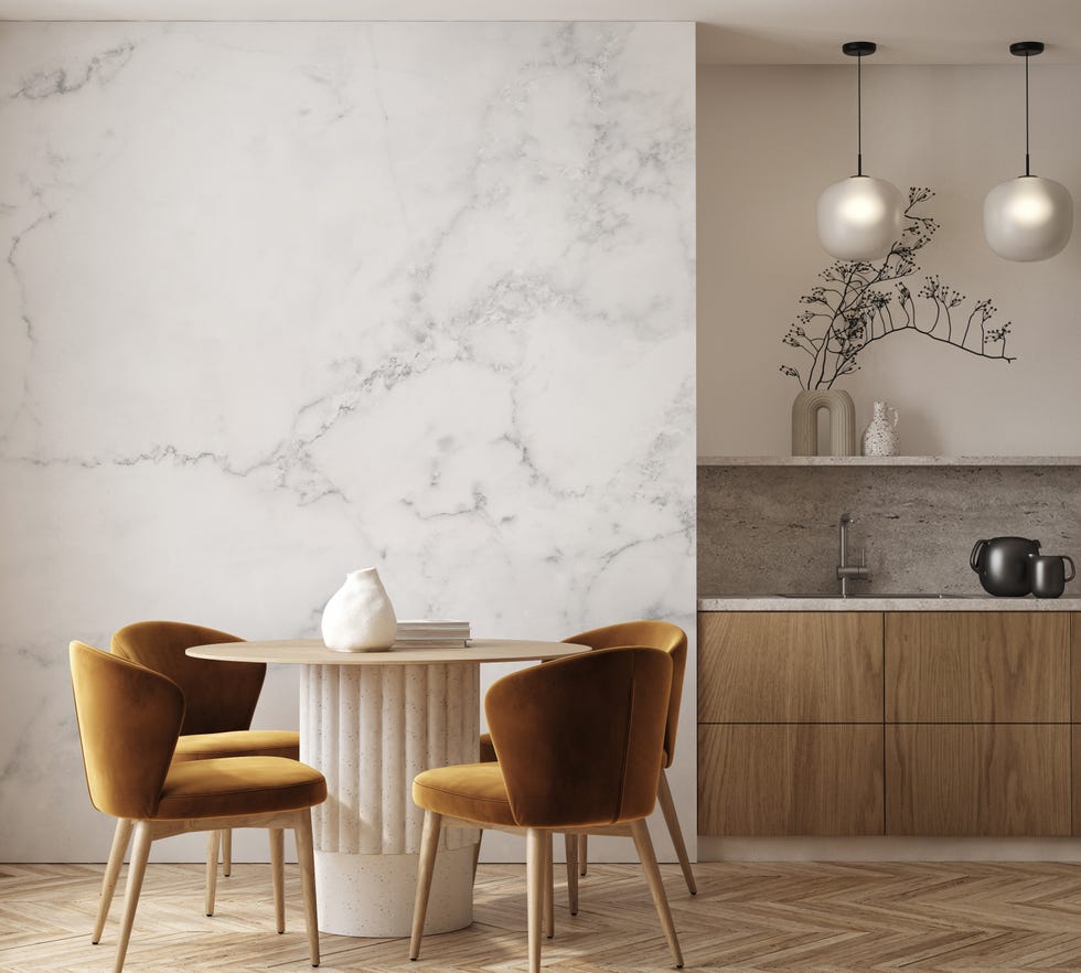 modern kitchen-diner with wooden kitchen and marble-look wallpaper