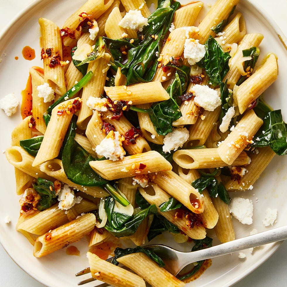 3 green whole wheat pasta with ricotta salata and chili oil