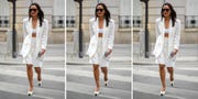 a woman wears a matching linen set from saks fifth avenue in a roundup of the best matching linen sets 2022