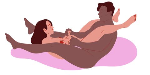 penetrating partner sits on floor with legs forward and feet on the sofa partner sits on top with legs on partners shoulders in a v shape and back against another sofa or upholstered chair couple holds hands so they are rocking back and forth