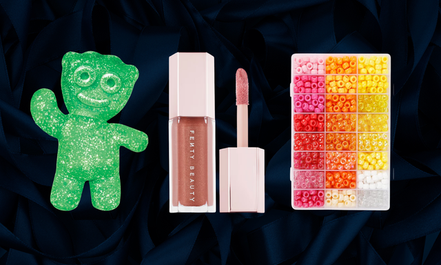 sour patch kid plush toy, fenty beauty lip gloss and bead bracelet kit