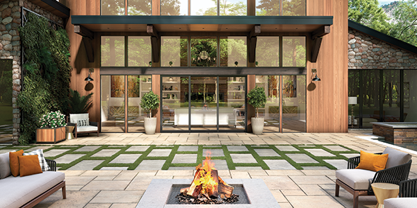 a patio with a fire pit and a fire pit with a fire pit