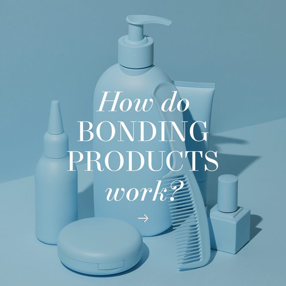 cosmetic products and tools arranged in light blue color theme focused on bonding products