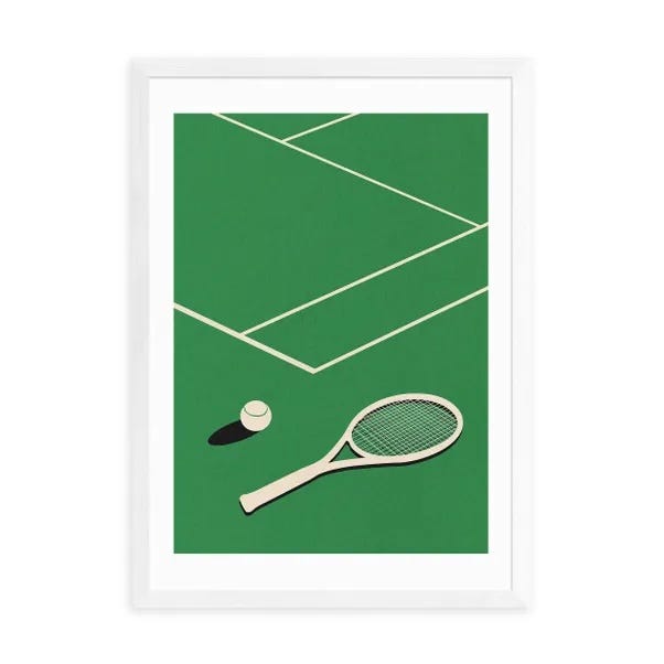 tennis court illustration with a racquet and ball