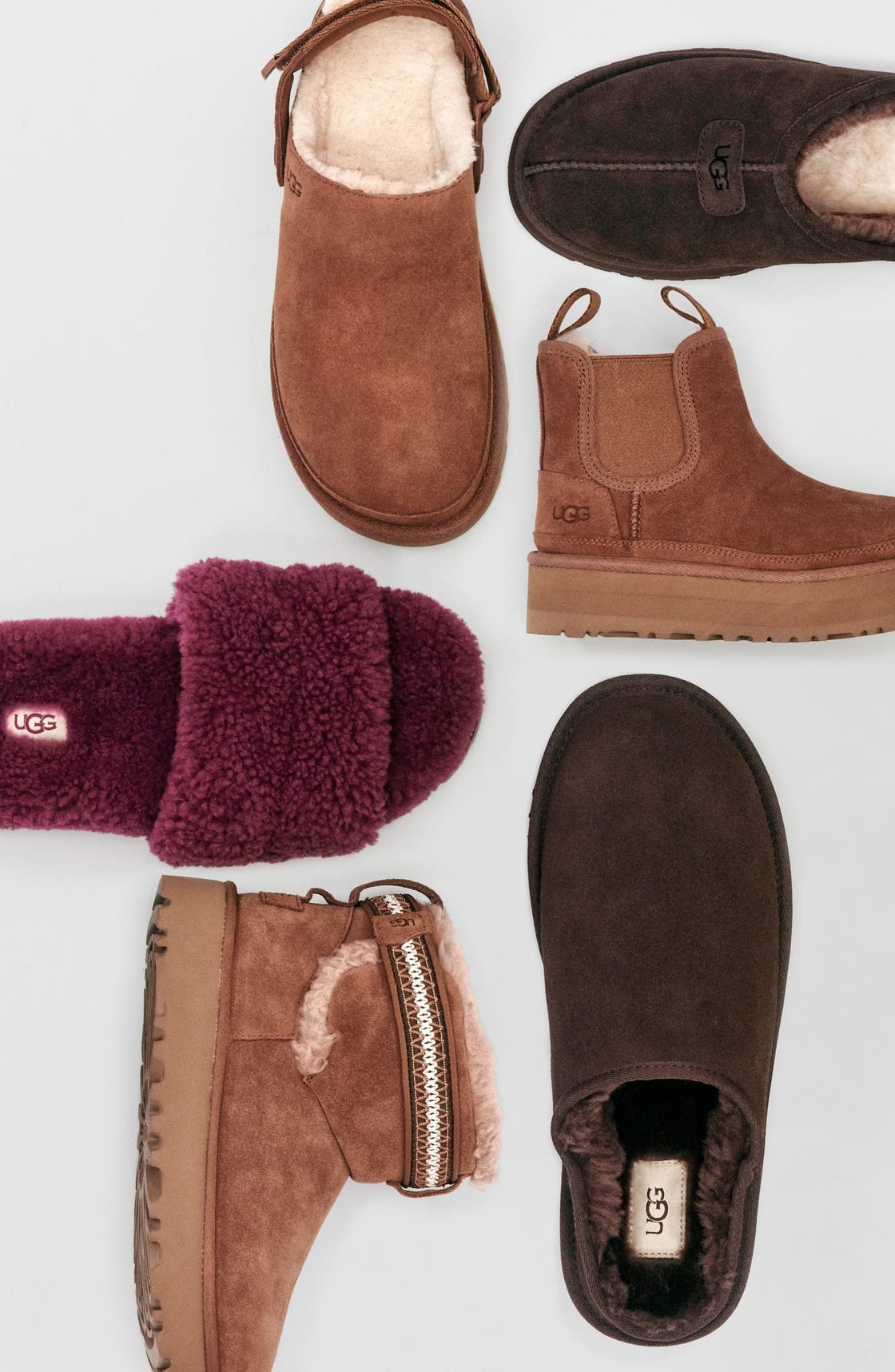 collection of ugg footwear arranged on a light background