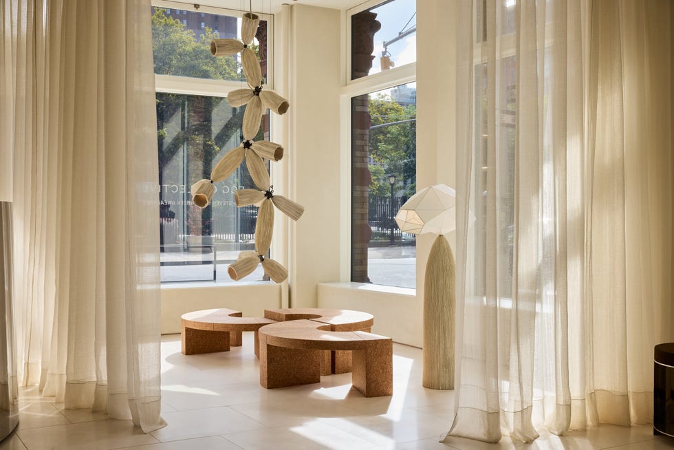 Contemporary interior featuring unique furniture and lighting.