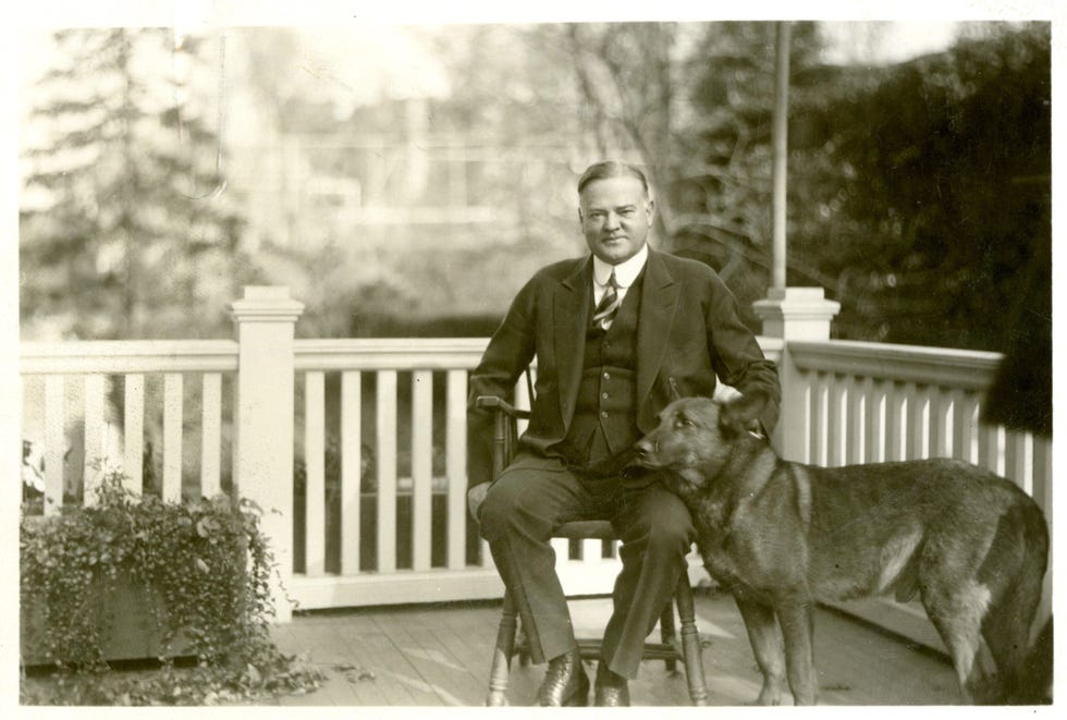 Minister van Economische Zaken Hoover met King Tut op de veranda van zijn woning aan S Street NW in Washington DC in de zomer van 1928 In deze woning overleed Tut in het najaar van 1929 nadat hij tijdens zijn verblijf in het Witte Huis prikkelbaar en gestrest was geraakt