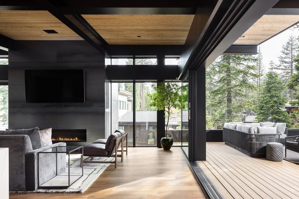 a living room with a fireplace