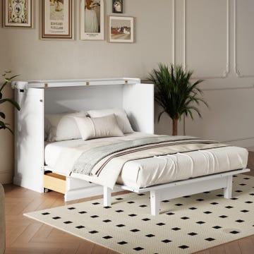 an open white murphy bed in a well lit white room with a wood floor and a patterned rug