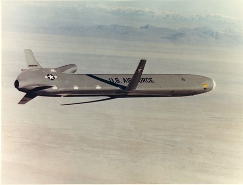 an agm 86b air launched cruise missile captured in flight from a chase aircraft over the white sands missile range, new mexico, during a program test flight in this undated photo photo courtesy tinker air force base history office