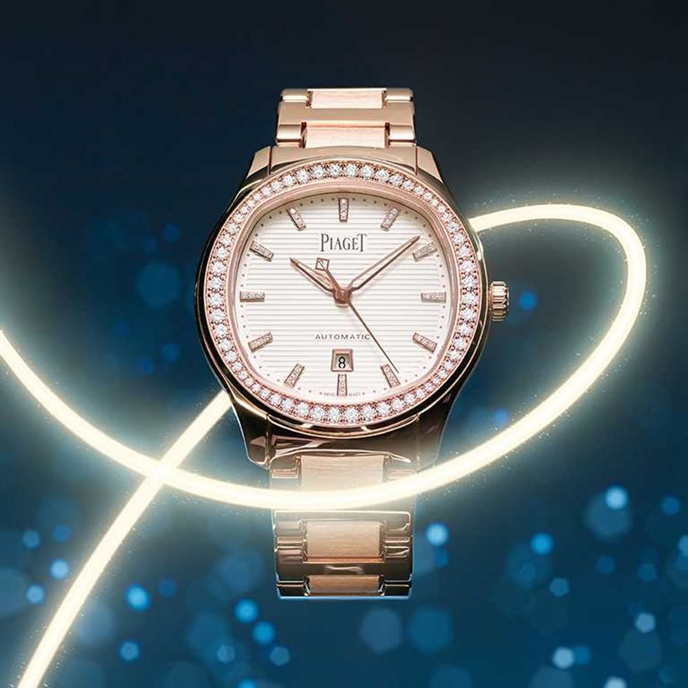 piaget polo系列月白色日期顯示18k玫瑰金鑽石腕錶