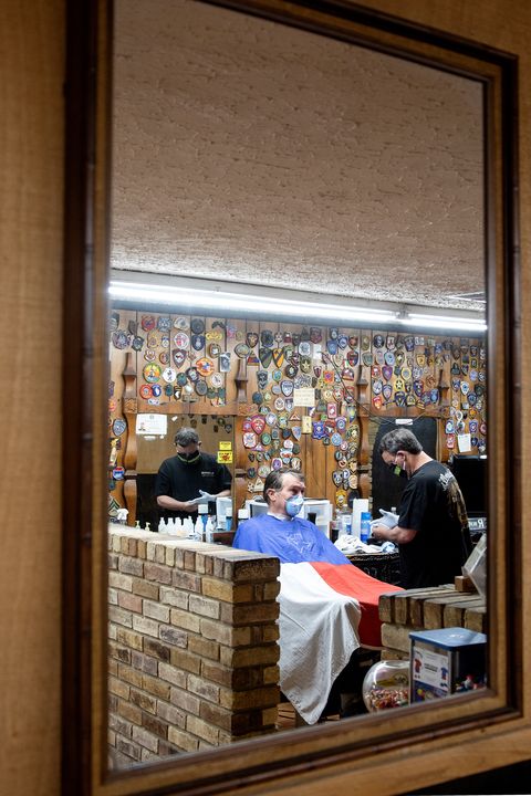 syd keasler sits for his first non home haircut in two months james russell owns the plano barber shop in downtown plano, a shop that has been open for over 100 yearsmay 11, 2020photos by misty keaslerredux