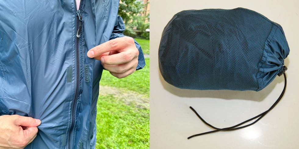 someone showing a close up of the zipper and hook and loop closure on a 33,000 feet rain jacket and the rain jacket folded into its included packing case