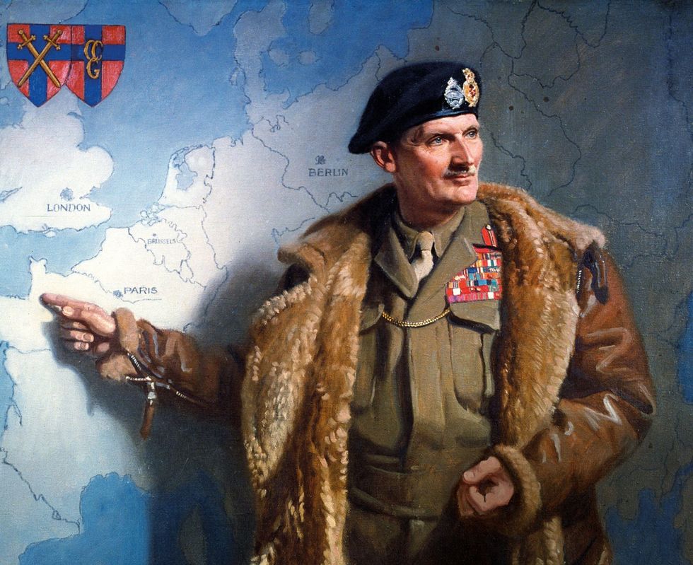 Op dit schilderij van Frank O Salisbury wijst de Britse veldmaarschalk B L Montgomery in de richting Normandi