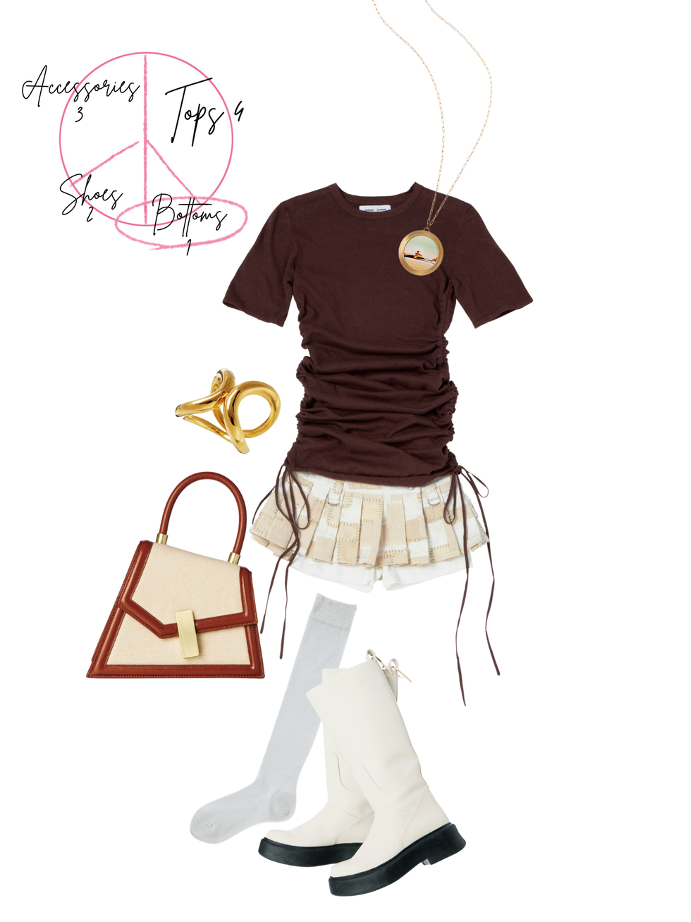 a person wearing a brown shirt and white skirt with a drawing of a person's face on