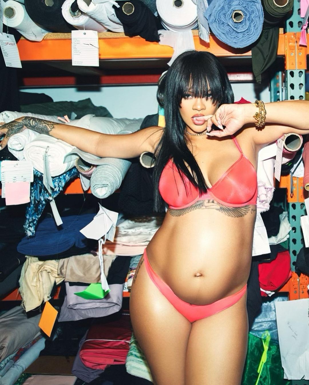 Rihanna Bares Her Baby Bump in a Blood-Orange Bra and Matching Underwear image