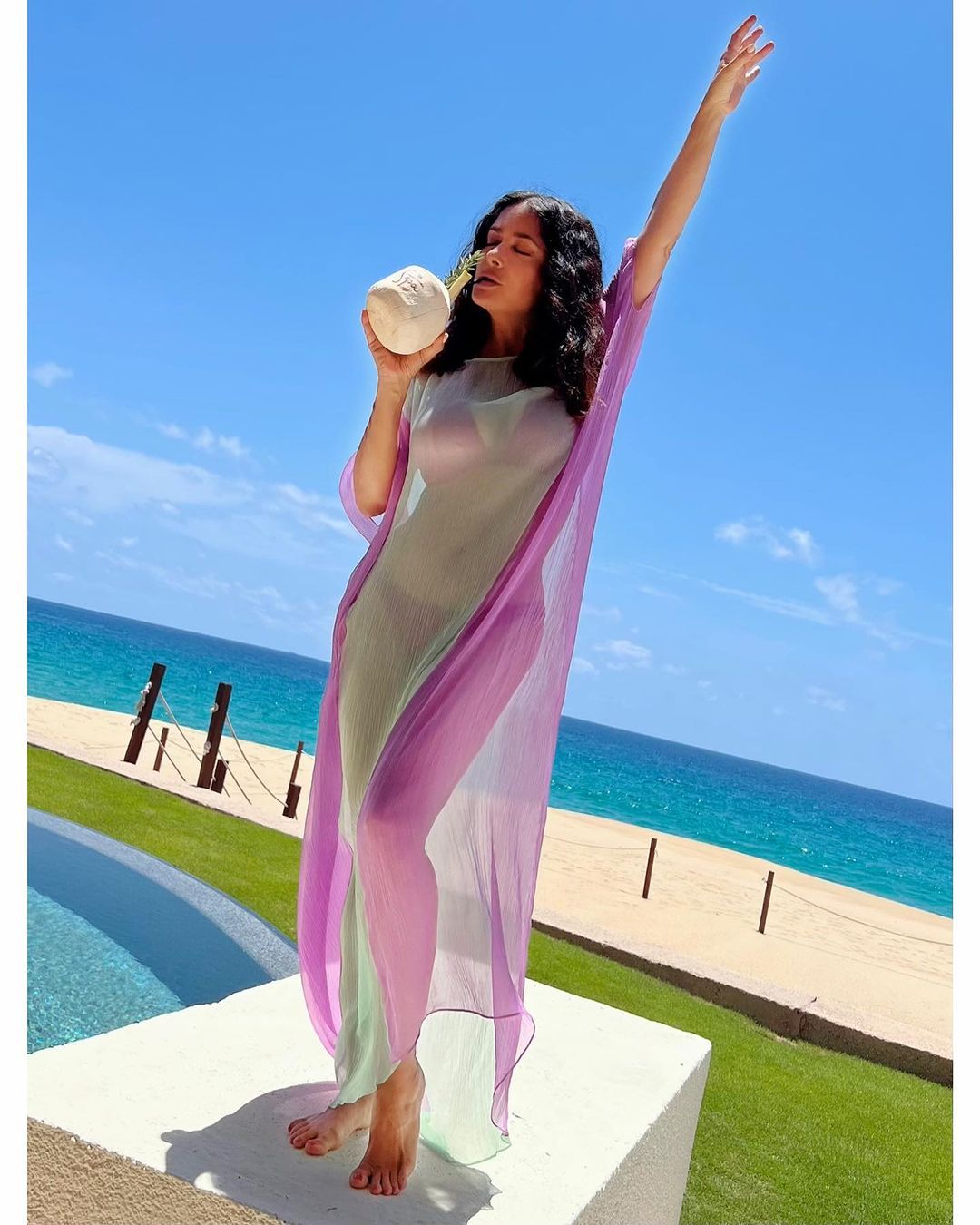 Salma Hayek Poses In a Magenta Bikini and Sheer Maxi Dress
