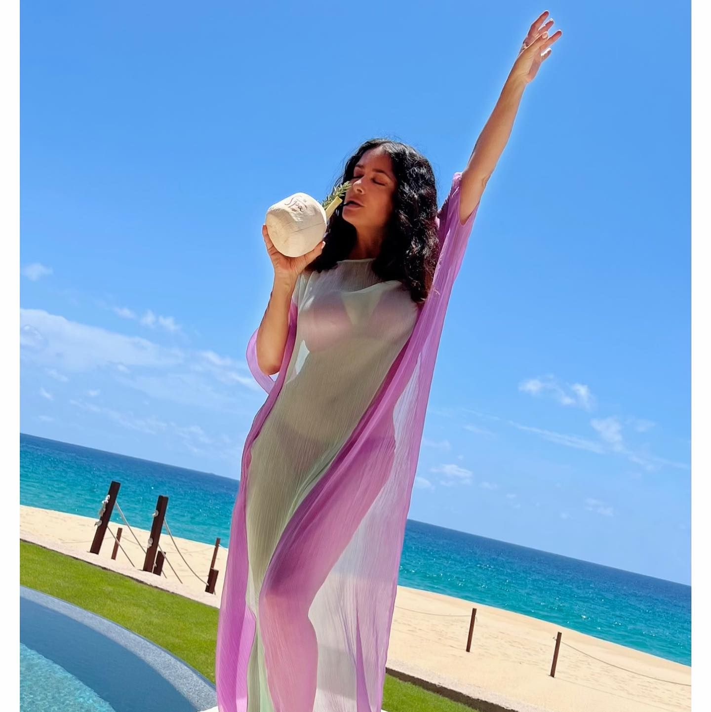 Salma Hayek Is Gorgeous in a Magenta Bikini and Sheer Maxi Dress