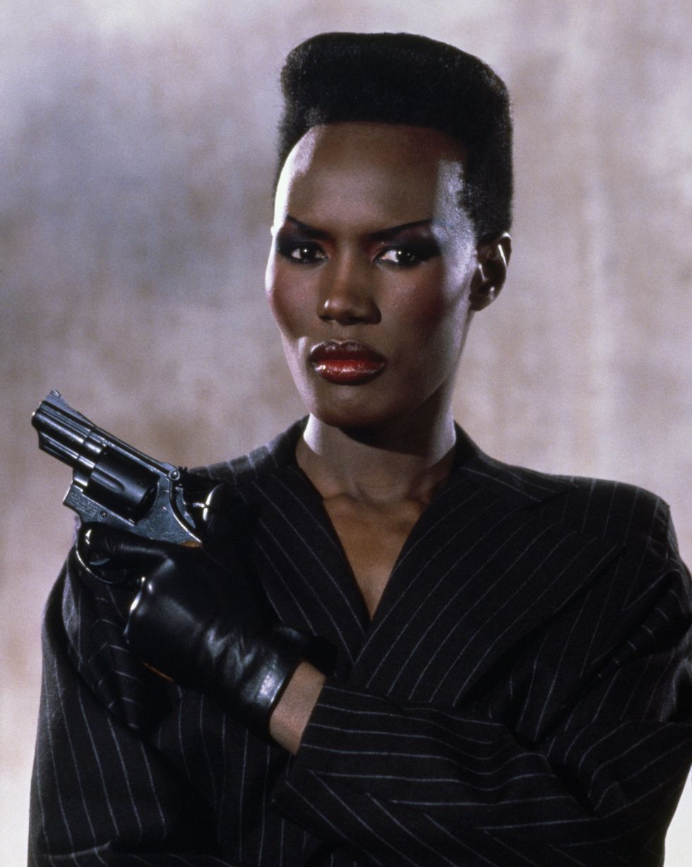 jamaican actress grace jones on the set of the james bond 007 film a view to a kill, directed by john glen photo by nancy moransygma via getty images