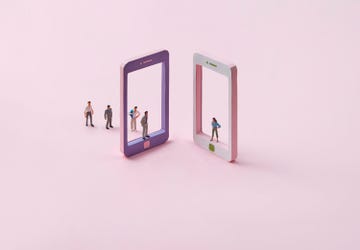 woman in smartphone frame looking for man in dating app on pink background, match concept