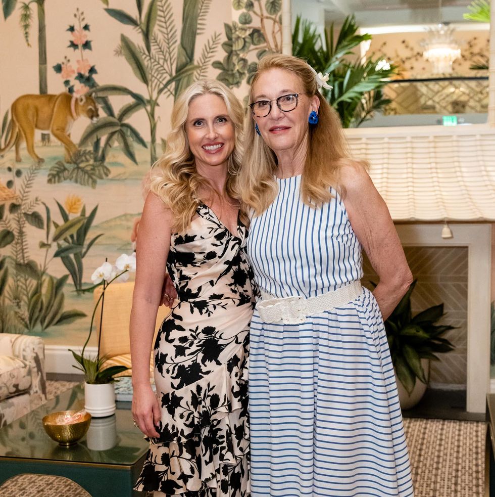 the colony hotel president sarah wetenhall and interior designer mimi mcmakin of kemble interiors in their pink paradise lobby