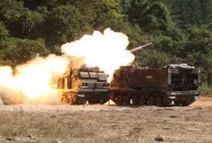 an m270 multiple launch rocket system fires during a live fire training exercise at rocket valley, south korea, sep 25, 2017 2nd battalion, 4th field artillery regiment , 210th field artillery brigade, 2nd infantry division rok us combined division, certified 16 crews in five hours as they completed their table vi certification us army photo by sgt michelle u blesam, 210th fa bde pao