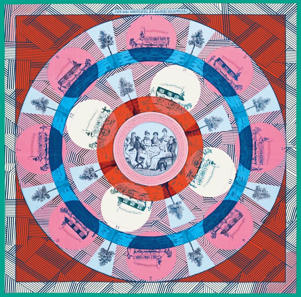 Il foulard Hermès Jeu des omnibus Remix riedizione del famoso carré del 1937 Jeu des omnibus et dames blanches. Disegno di Gianpaolo Pagni.