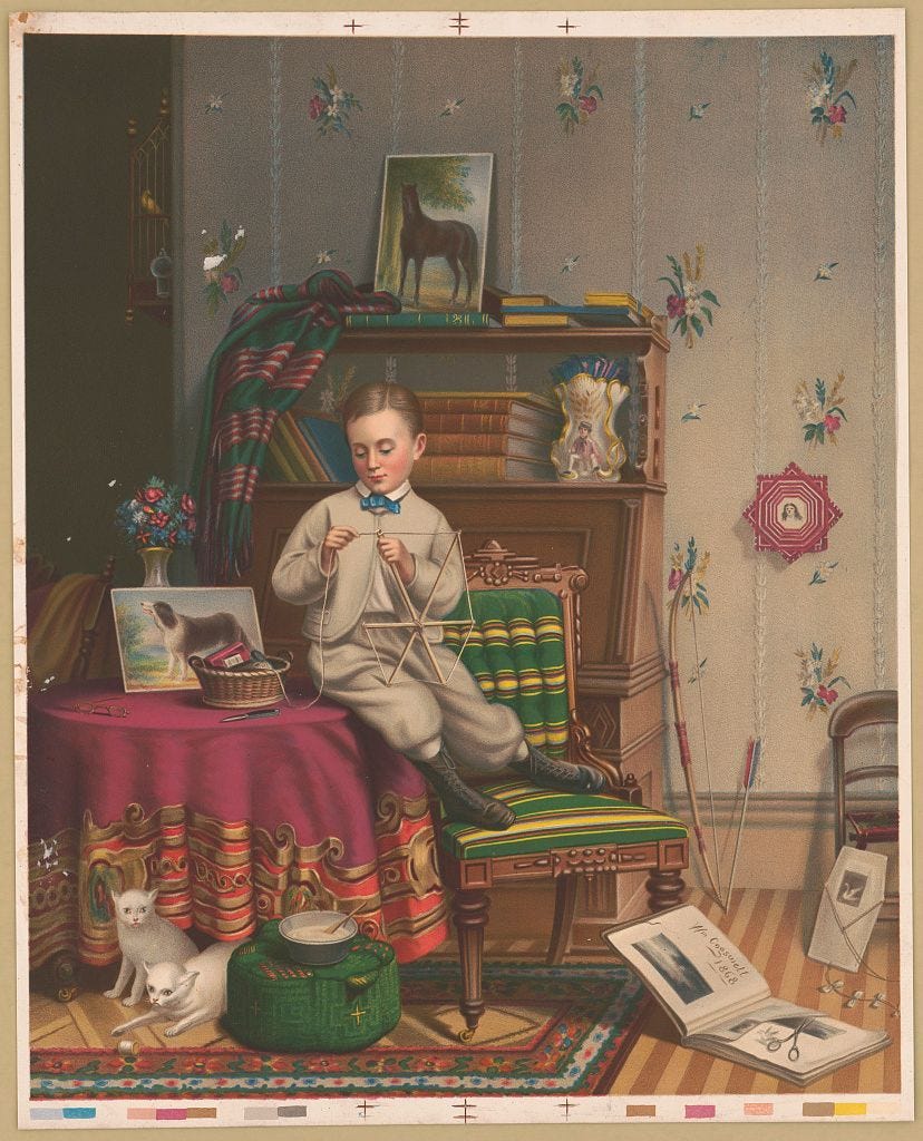 Op de litho Het maken van de vlieger naar een schilderij uit 1869 is een Amerikaans jongetje een zeshoekige vlieger aan het bouwen Tot op de dag vandaag lijkt het basisontwerp van vliegers verbluffend veel op de allereerste vliegers uit het oude China hoewel deze niet alleen dienst deden als speelgoed