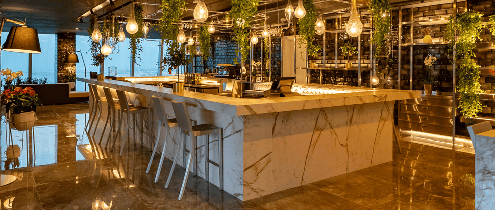 modern bar with seating hanging lights and plants